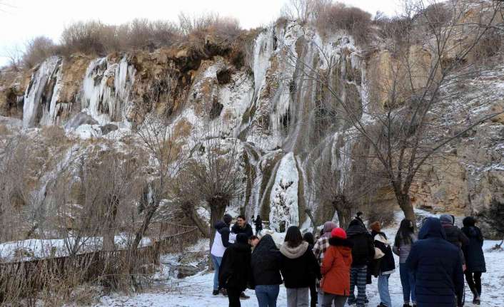 Erzincan’daki Girlevik Şelalesi, kentte etkili olan soğuk havayla birlikte buz