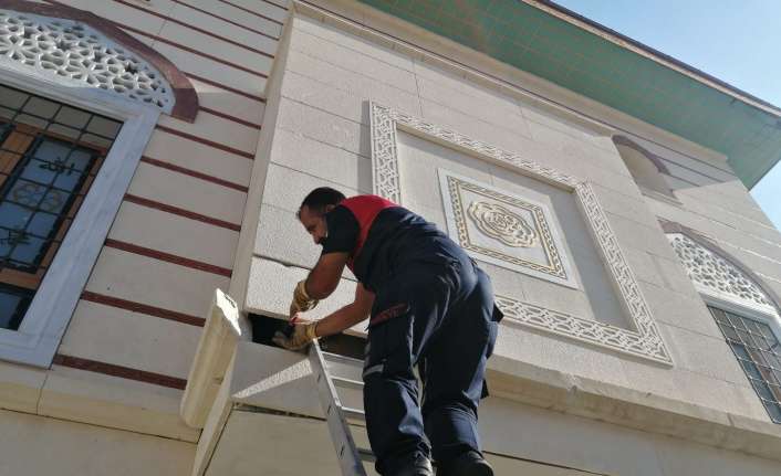 Erzincan’da caminin dış kaplamasına sıkışan kedi itfaiye ekiplerinin operasyonuyla kurtarıldı.