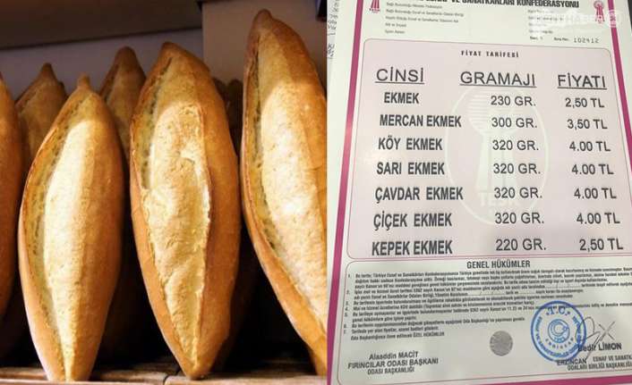 Erzincan'da 230 gram ekmek 2 TL 50 Kuruştan n satılacak.