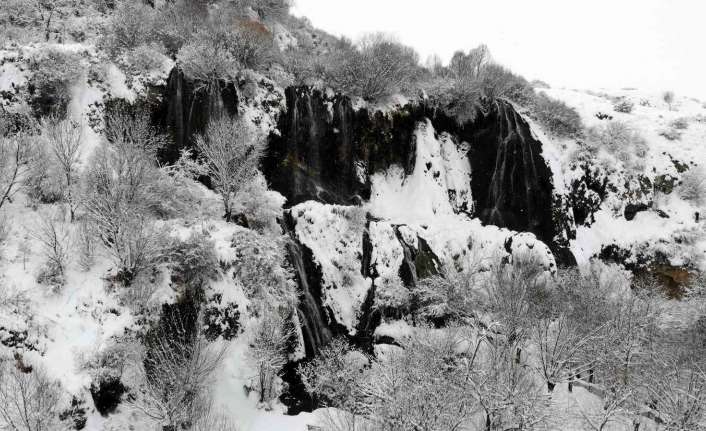 Erzincan’ın Çağlayan beldesindeki Girlevik Şelalesi, yağan karla adete gelinlik giydi.
