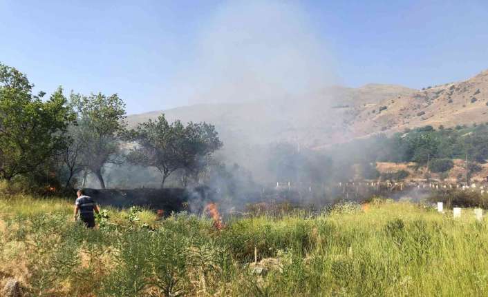 Erzincan’ın Üzümlü ilçesine bağlı Pişkidağ köyünün mezarlığındaki kuru otlar yandı.