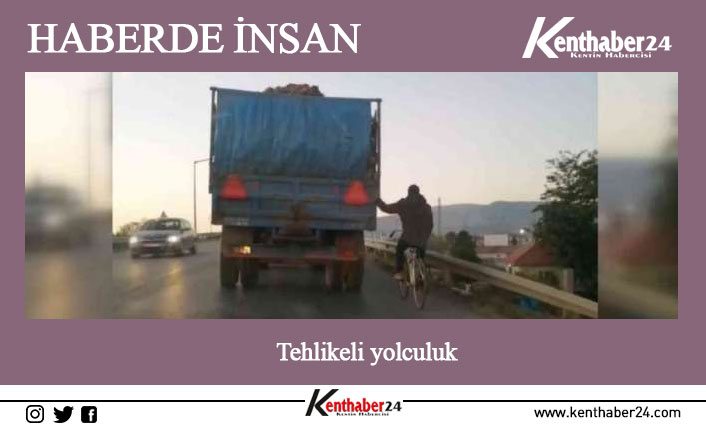 Erzincan-Sivas kara yolunda bir traktörün römorkuna tutunarak ilerlemeye çalışan bisiklet
