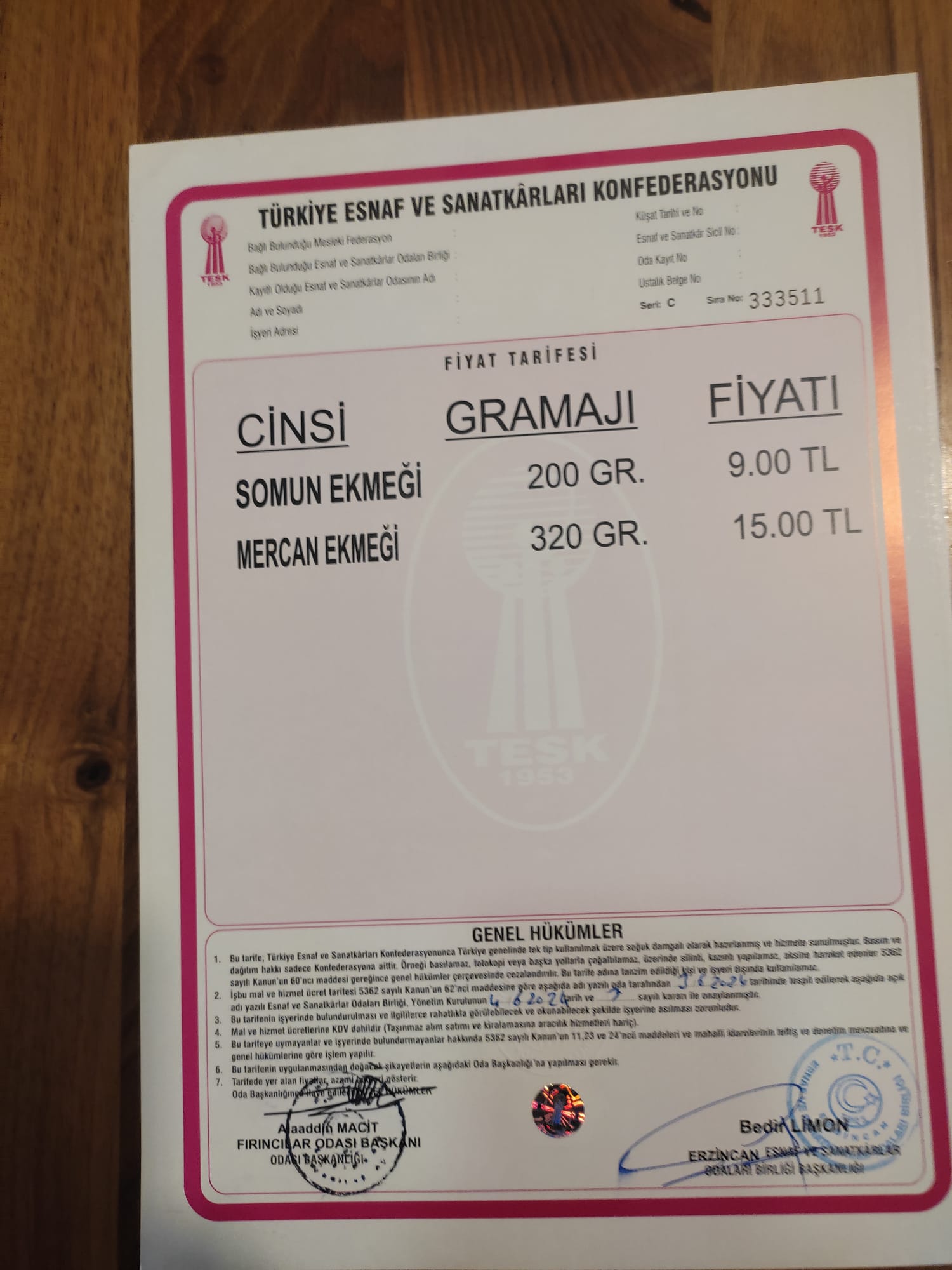 Erzincan Esnaf ve Sanatkarlar Odaları Birliği ve Erzincan Fırıncılar Odası