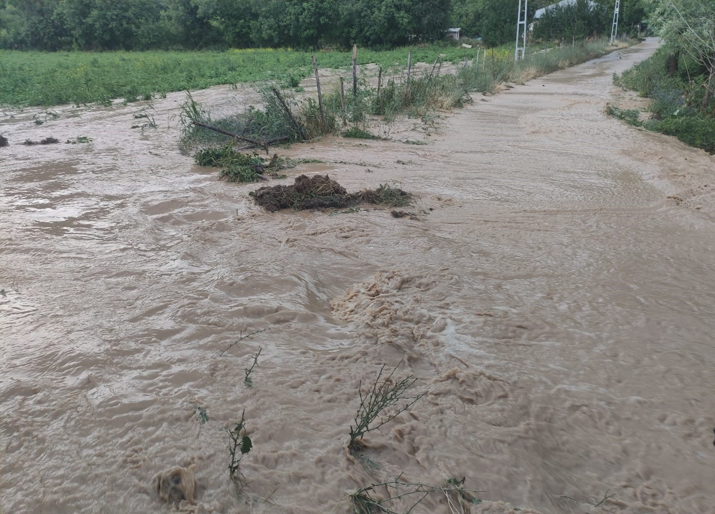 Erzincan’da akşam saatlerinde etkili olan sağanak yağış Çağlayan beldesinde sele