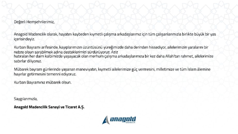 Kurban Bayramınız mübarek olsun Anagold madencilik olarak hayatını kaybeden kıymetli çalışan arkadaşlarımız için tüm