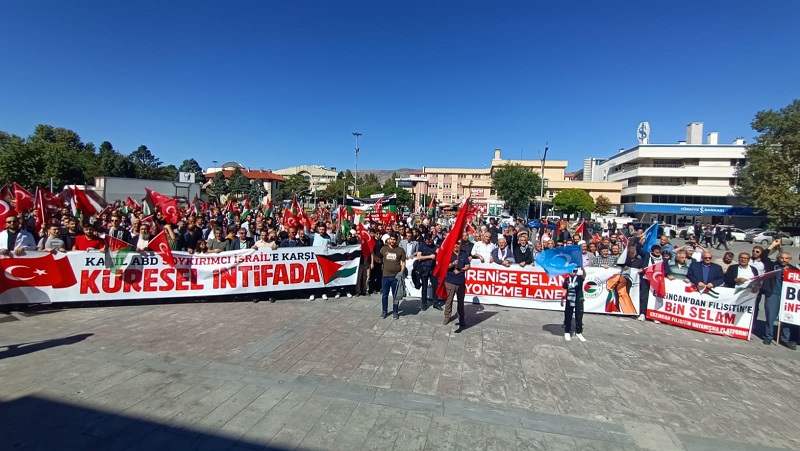Erzincan’da Filistin’e destek için toplanan yüzlerce kişi ellerindeki Türk ve