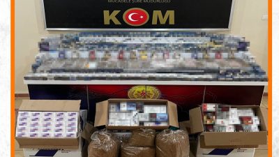 Erzincan’da KOM polisi tarafından yapılan kaçak sigara, tütün ve makaron