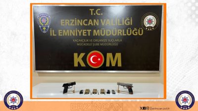 Erzincan polisi gerçekleştirdiği çalışma neticesinde ruhsatsız tabanca ile birlikte fişek