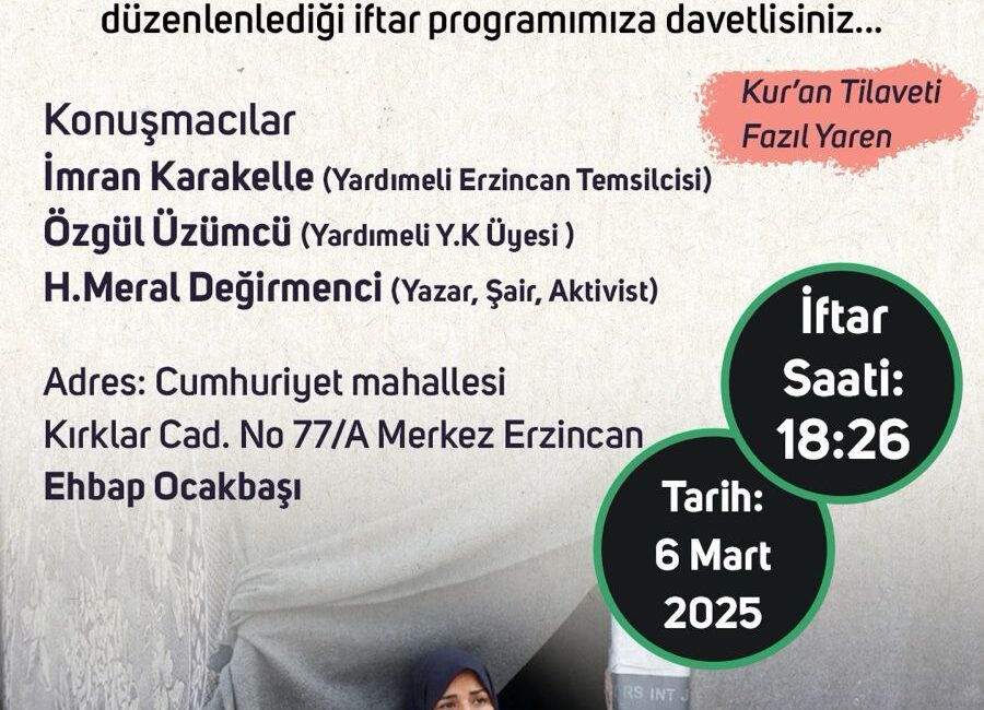 Erzincan Yardımeli Derneği tarafından 6 Mart Perşembe günü Gazze için